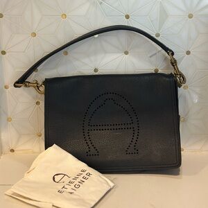Etienne Aigner Stella Falp Hobo Black Leather Perforated Logo Shoulder Bag